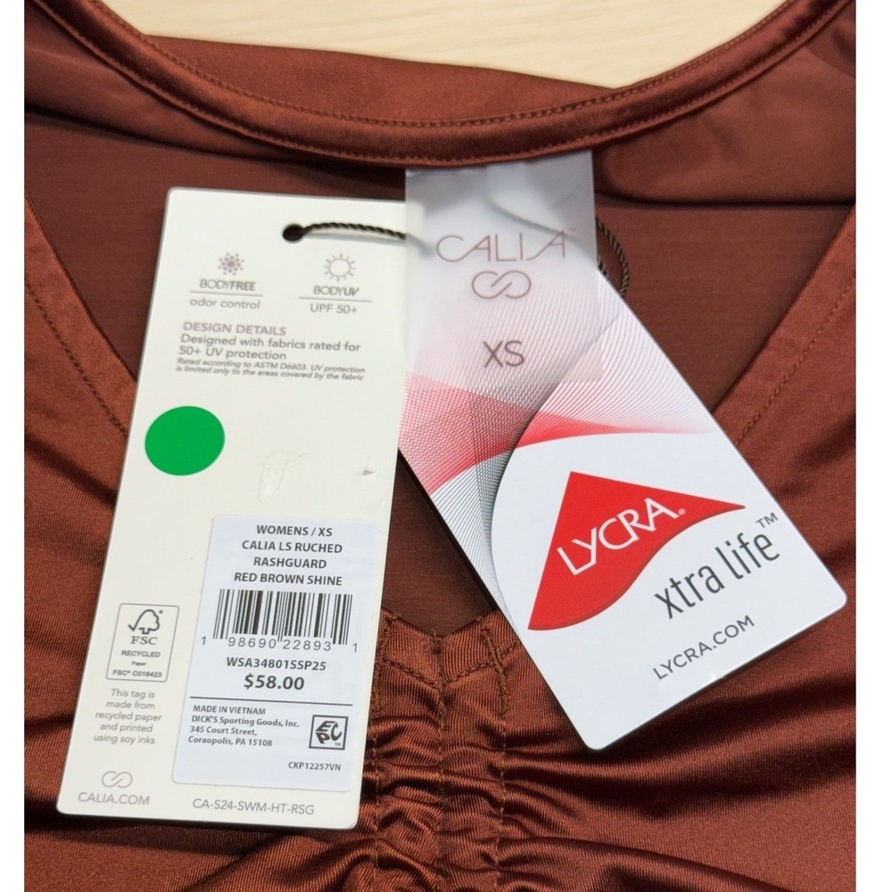 NWT Calia by Carrie Underwood Womens LS Ruched Rash Guard Red Brown UPF 50+ XS - Picture 6 of 10
